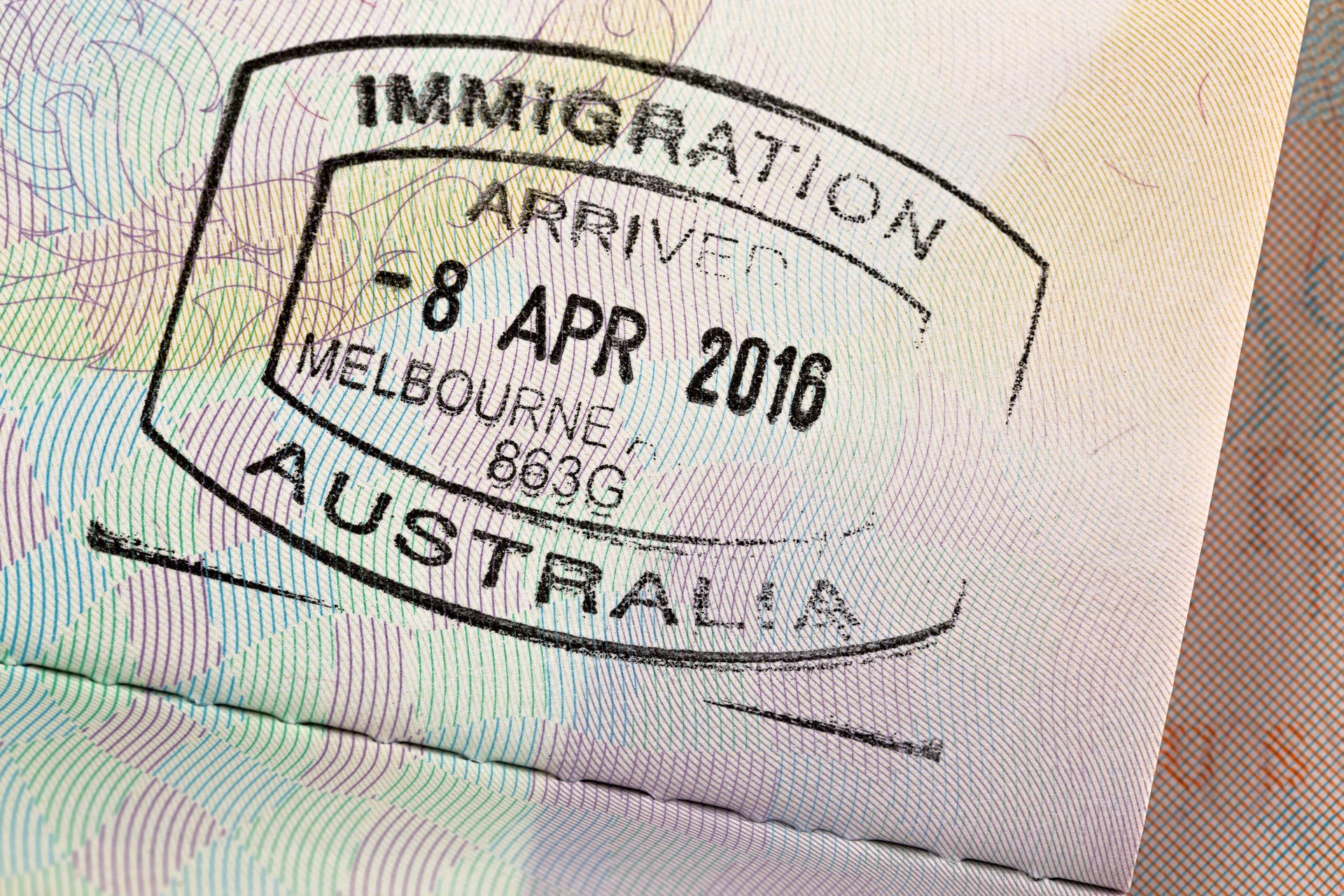 Closeup of Arrival entry stamp on passport for immigration traveling at Melbourne airport, Australia