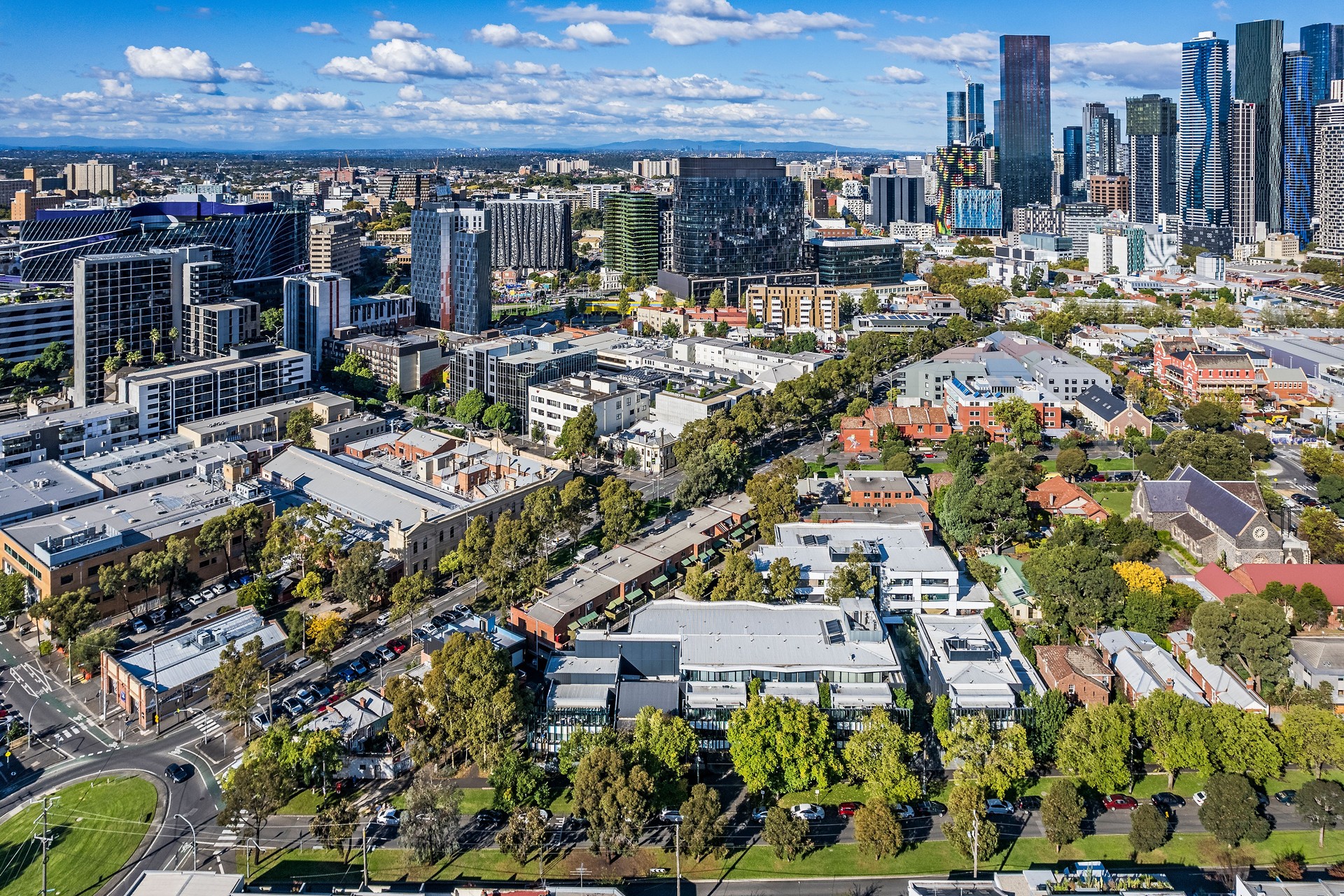 Not the usual cityscape view of Melbourne's skyscrapers: aerial view from North Melbourne